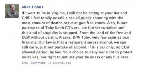 toby keith no guns permitted 4 Gun Rights Advocates Steamed Over No Guns Permitted Rule at Toby Keiths I Love This Bar & Grill in Woodbridge, Va.