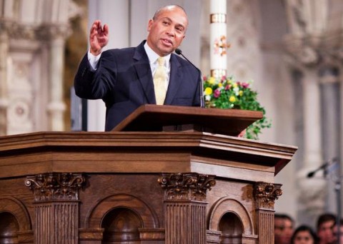 Massachusetts Gov. Deval L. Patrick speaking from the pulpit of Boston's Cathedral of the Holy Cross. (Courtesy)