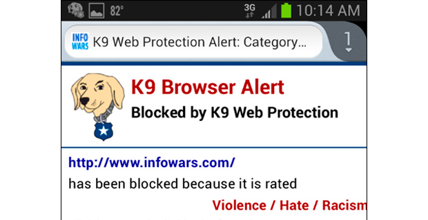 A user submitted screenshot of the censorship screen he encountered when trying to access Infowars.com